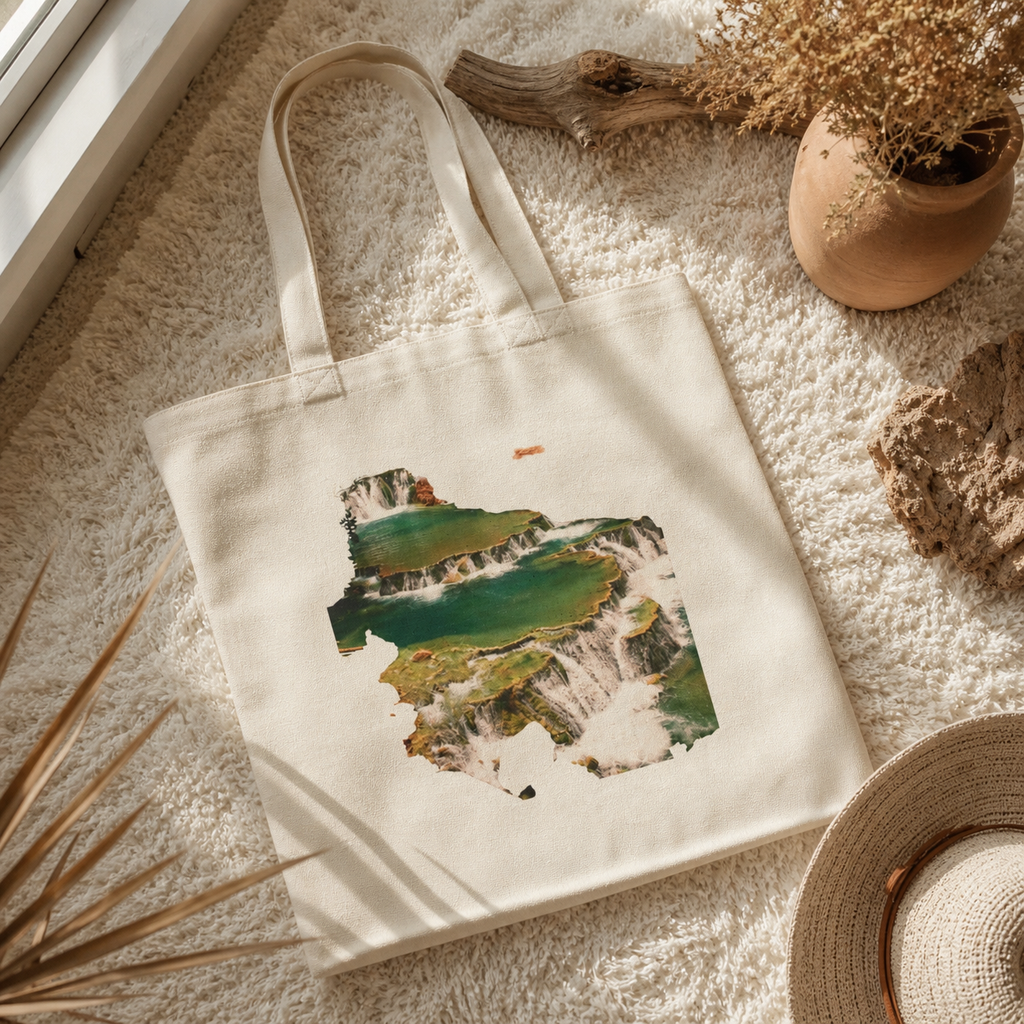Beige tote bag with nature-themed design on a textured surface with plants and a hat.