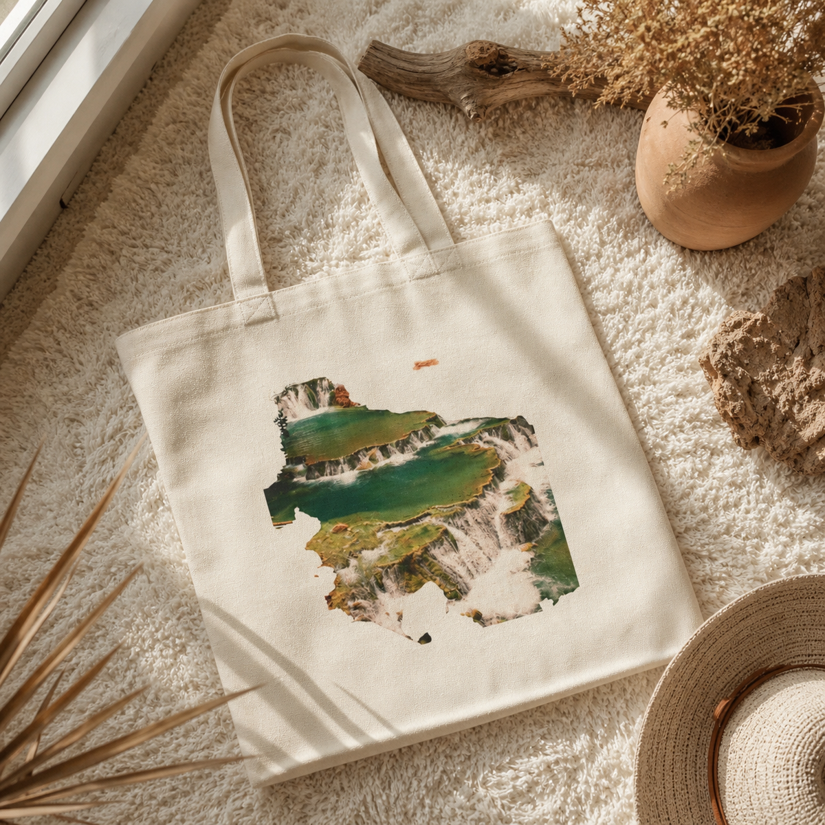 Beige tote bag with nature-themed design on a textured surface with plants and a hat.