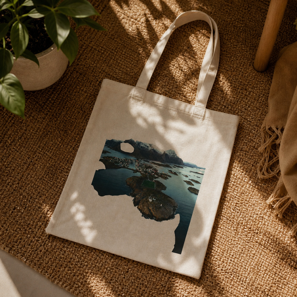 Tote bag with a scenic design on a textured surface