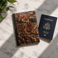 Notebook with a canyon design and a passport on a marble surface