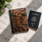 Notebook with a canyon design and a passport on a marble surface