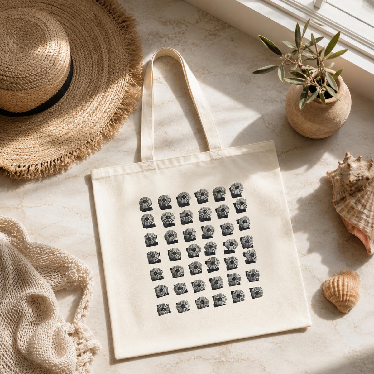 Beige tote bag with black pattern on a light surface with a hat, plant, and shells.