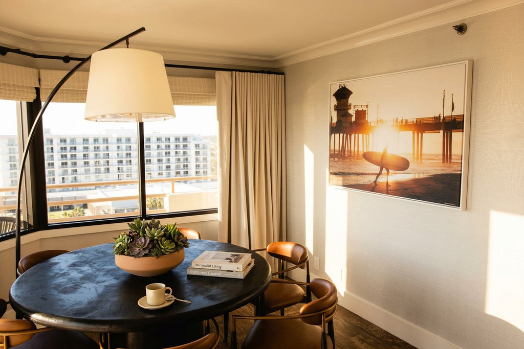 Modern living room with a round table, chairs, and a large painting on the wall.